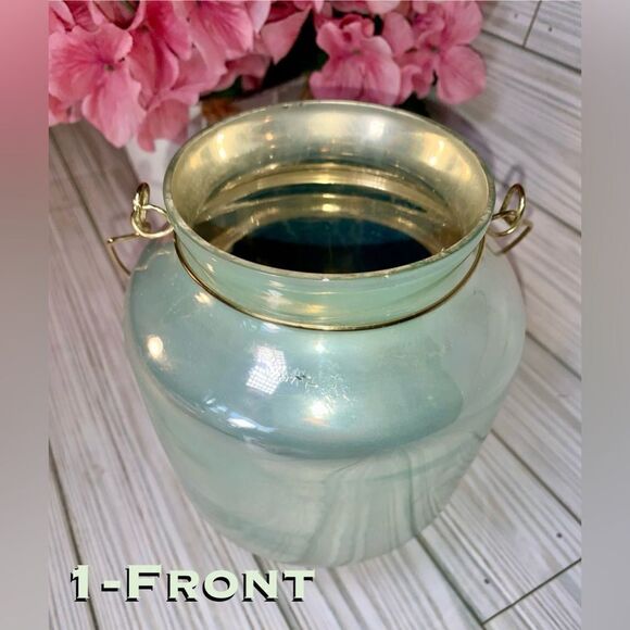 2 Metallic Sage Green Glass Candle Holders With Gold Tone Handle - Picture 4 of 7